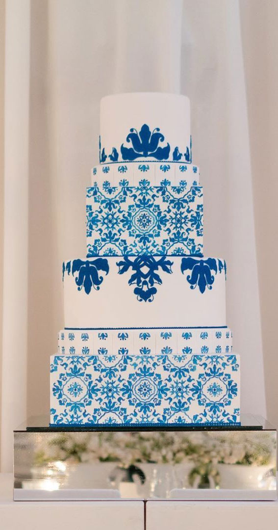 These 50 Jaw-Dropping Wedding Cakes Deserve To Be Framed : Blue Italian Tiles