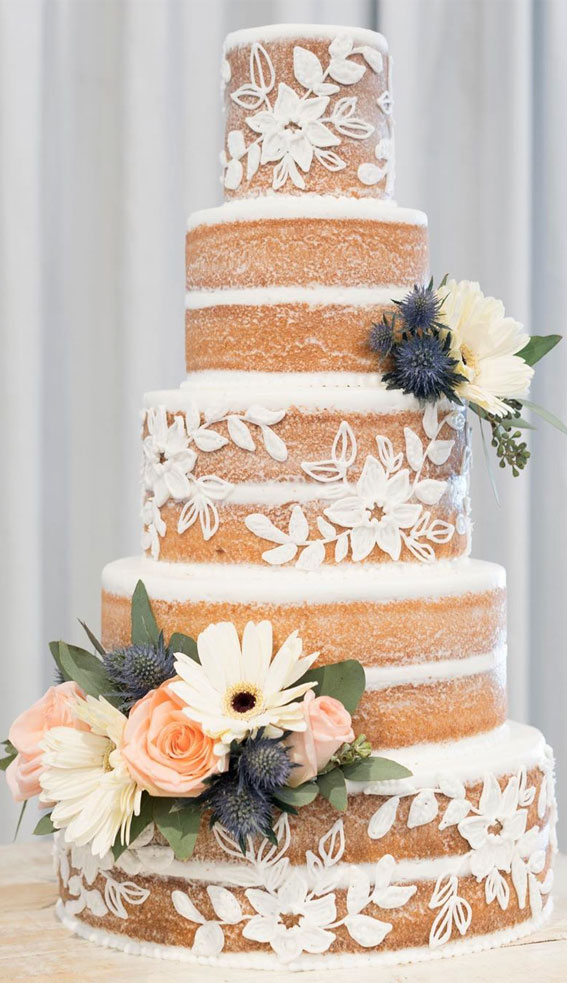 modern elegant naked wedding cake, modern naked wedding cake, lace buttercream naked wedding cake