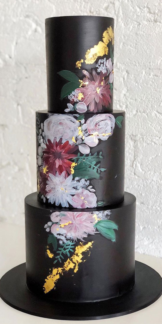 moody wedding cake, black wedding cake, floral painted wedding cake, wedding cake trends