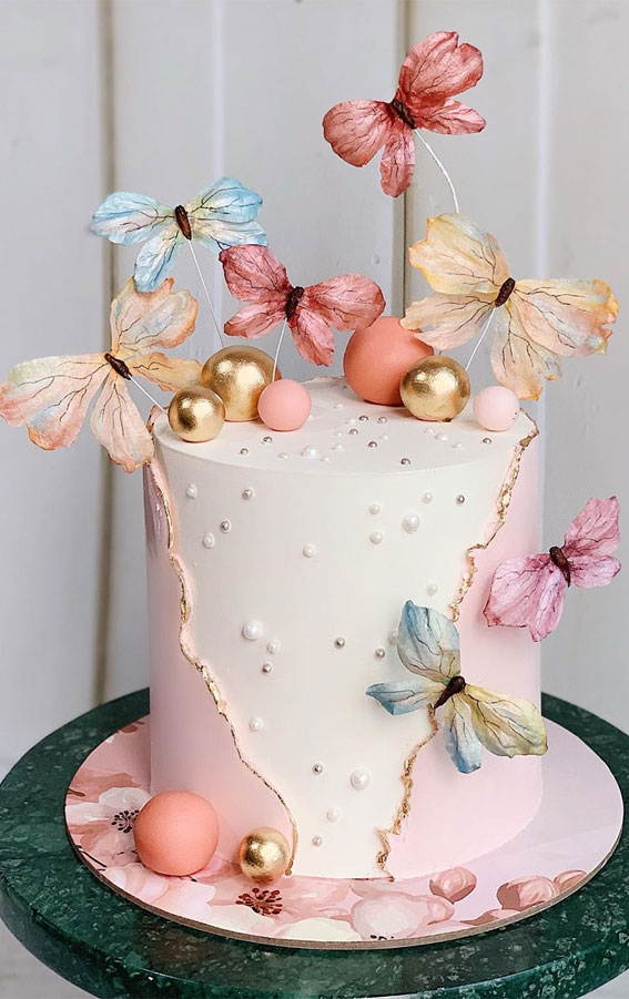 pink and white birthday cake, butterfly cake, birthday cake ideas #birthdaycake