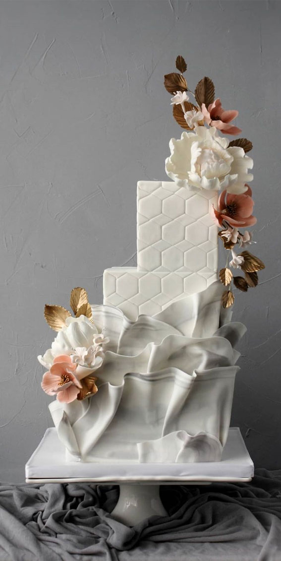 These 50 Beautiful Wedding Cake Designs You Will Be Blown Away : Marble ruffles
