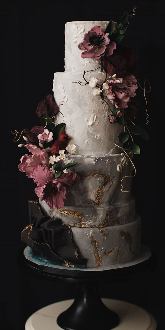 These 50 Beautiful Wedding Cake Designs You Will Be Blown Away : Black ruffled with gold trim