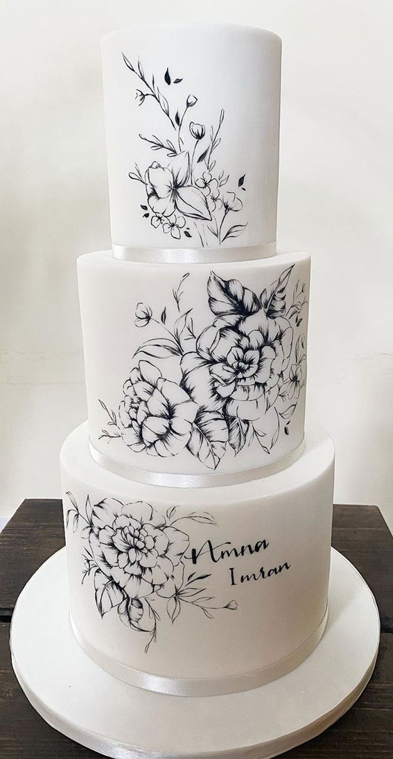 hand painted wedding cake, black line hand painted wedding cake #weddingcake #handpaintedcake