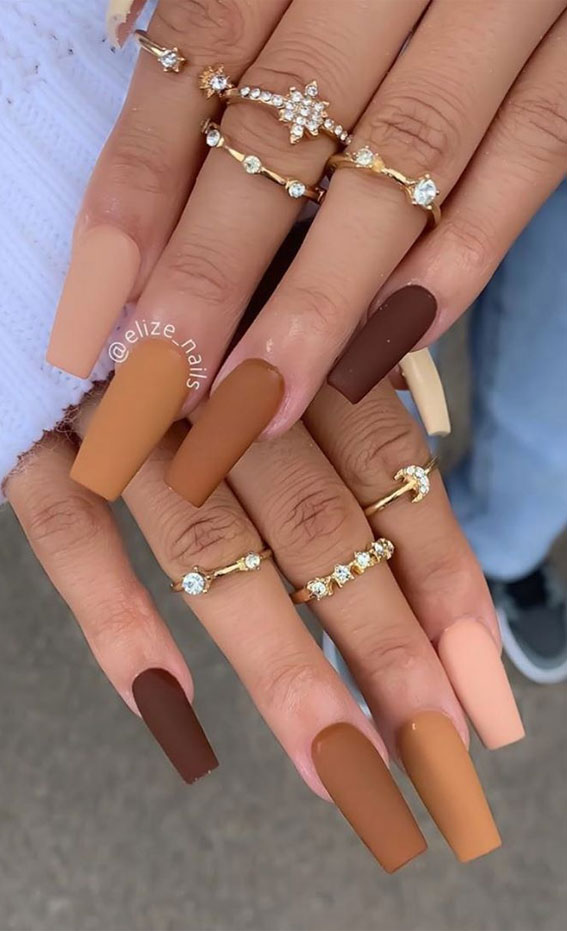 brown shades nails, shades of autumn brown nails, fall gradient nails, dark nail art designs