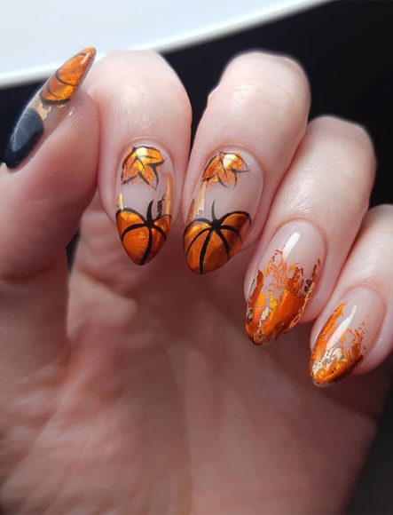 22 Stunning Fall Nail Ideas For Autumn 2020 : Copper orange pumpkin