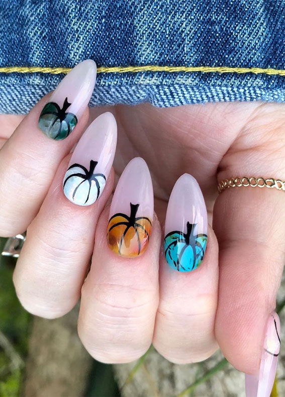 colorful pumpkin on clear long nails, mismatched nails, fall nails, mismatched fall nail art #fallnails #nailart #autumnnails autumn nail ideas #pumpkinnails #fallnailart