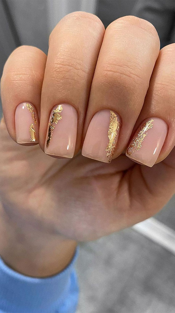 gold foil on short neutral nails #nailart #nudenails #goldfoilnails