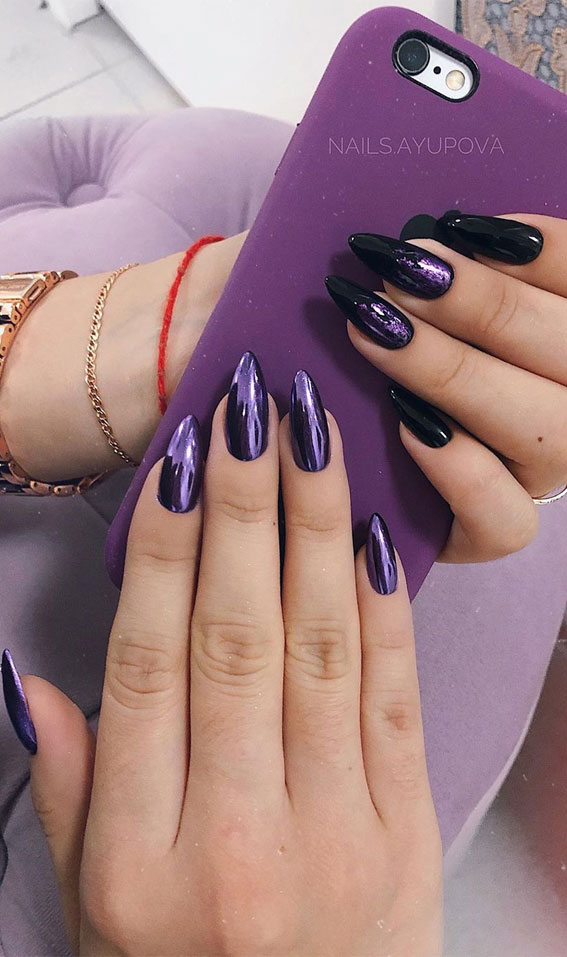 41 Pretty Nail Art Design Ideas To Jazz Up The Season : Purple Chrome & Black  Nails