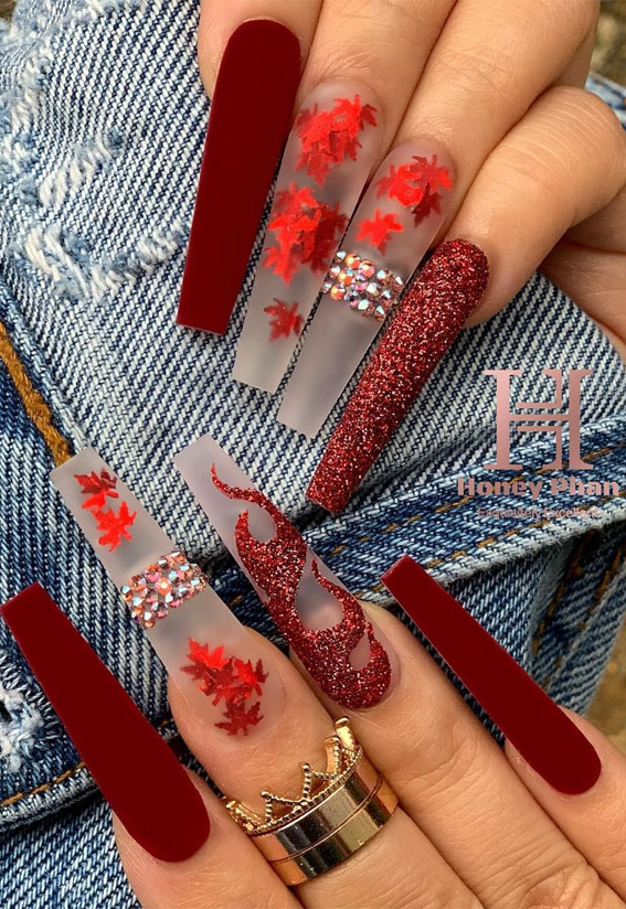 41 Pretty Nail Art Design Ideas To Jazz Up The Season Mismatched Red Fall Nails