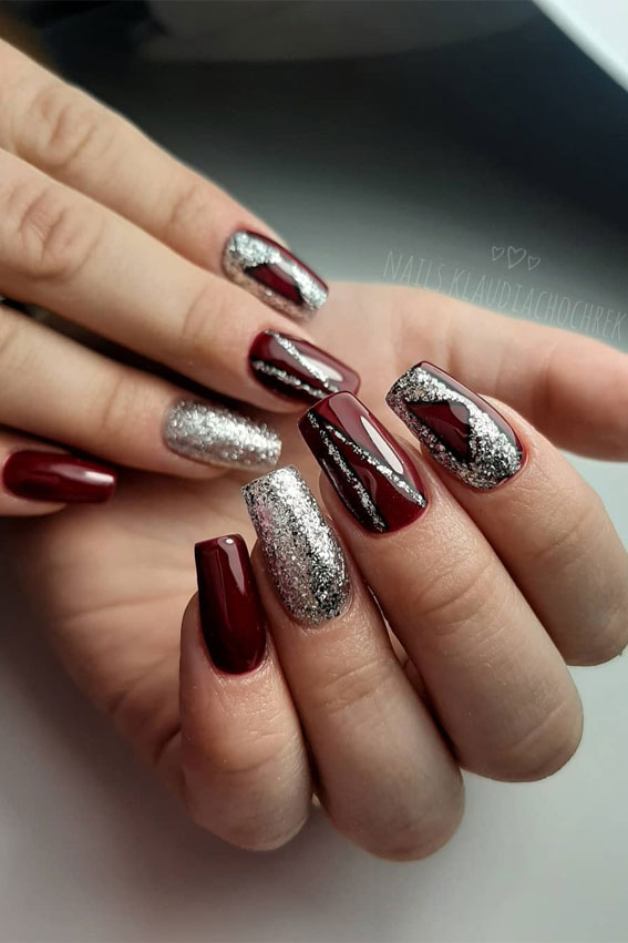 red and silver glitter nails