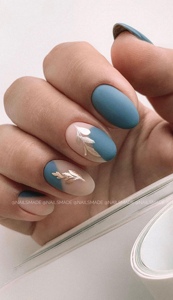 two color nail designs ,nude and blue teal nail art, nail art ideas, nail designs 2020, nail art trends 2020, autumn nail art, fall nail art #nailart #nailartideas #naildesigns2020