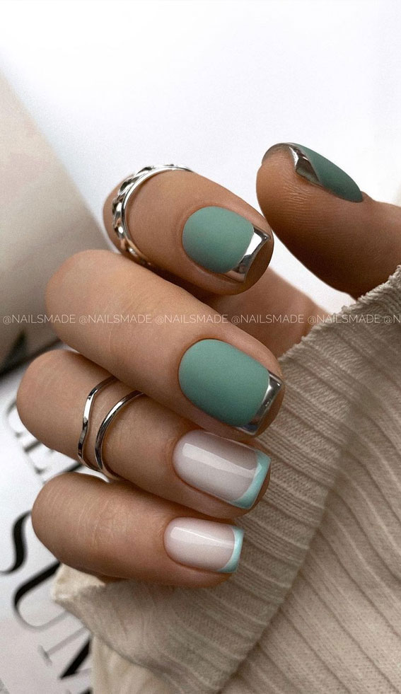 french tip nails, two color nail designs ,nude and green nail art, nail art ideas, nail designs 2020, nail art trends 2020, autumn nail art, fall nail art #nailart #nailartideas #naildesigns2020