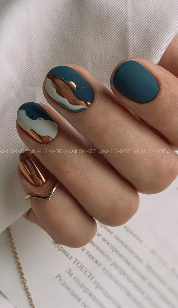 blue and gold nails, matte black nail designs , nail art, nail art ideas, nail designs 2020, nail art trends 2020, autumn nail art, fall nail art #nailart #nailartideas #naildesigns2020