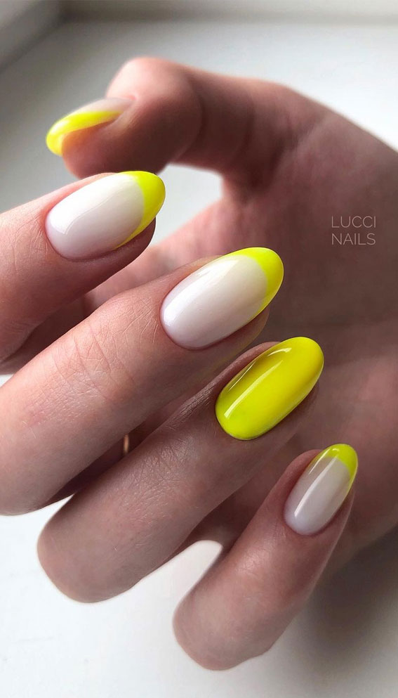 french nail art, modern french nails, french nail tips, neon french tip #frenchnail #frenchtipnails mismatched french nails , yellow neon nail tips