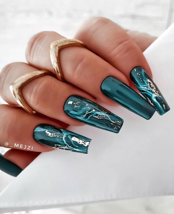 acrylic nails, long nails, coffin nails, green marble nails #naildesigns #greennails