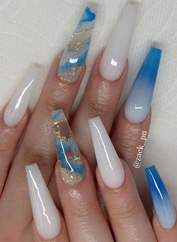 acrylic nails, mismatched nails, blue nails , nail designs 2020 #naildesigns #naildesigns2020