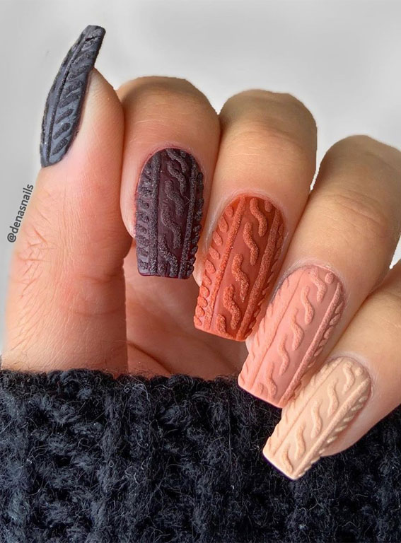 sweater nail art, cable knit nail art, mismatched nails, fall nails, mismatched fall nail art #fallnails #nailart #autumnnails autumn nail ideas #pumpkinnails #fallnailart