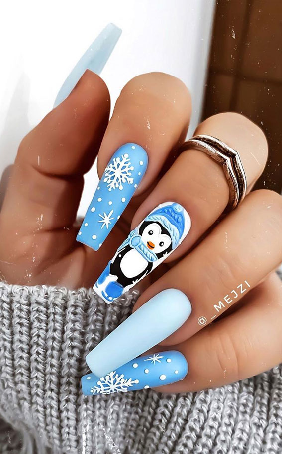 25+ Christmas Nails 2020 : Penguin and Snowflake Nail Art Design