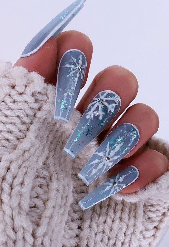 clear blue snowflake nails, long nails, snowflake nails, transparent blue nails, festive nails, winter nails #winternails