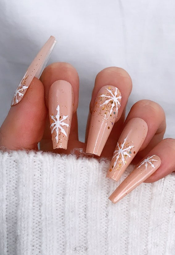 25+ Christmas Nails 2020 : Snowflake on nude winter nails