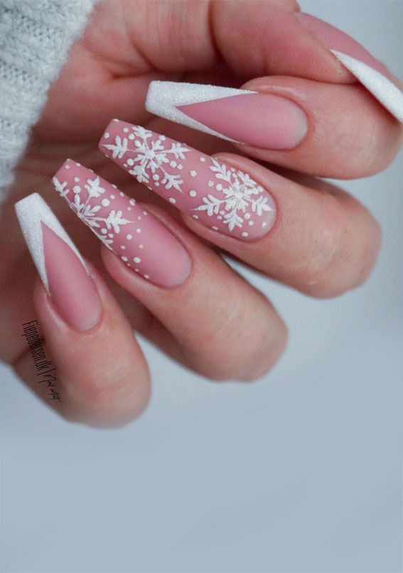 25+ Christmas Nails 2020 : Nude Pink Nails With Snowflakes