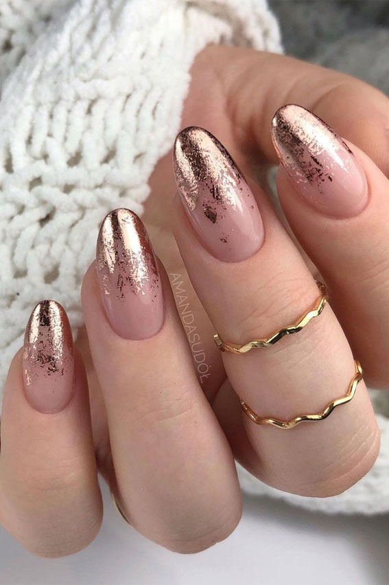 nude pink nails, gold foil nails