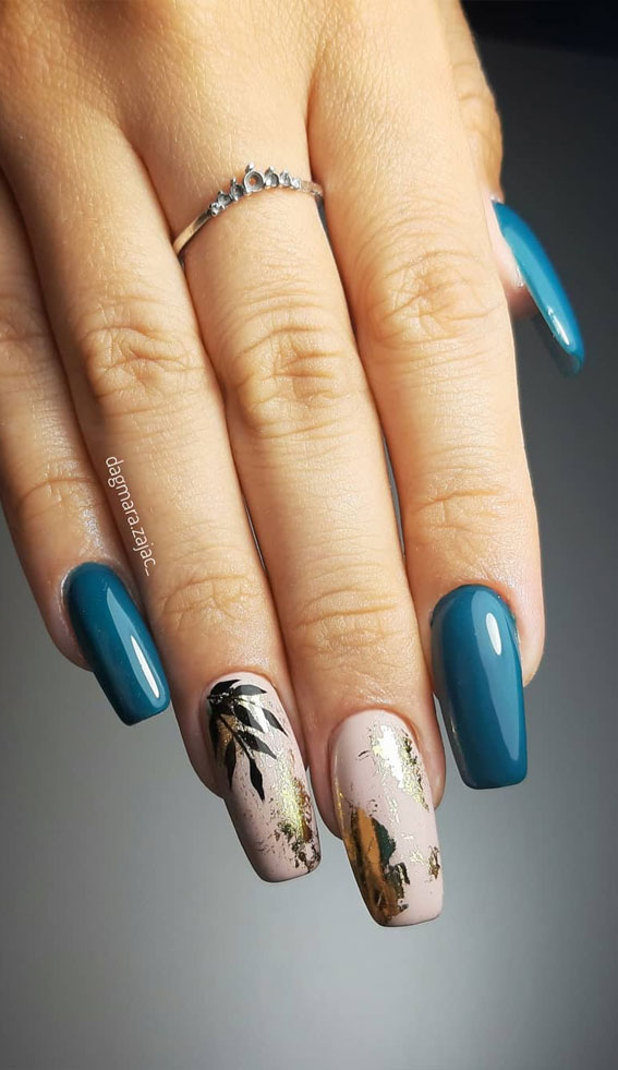 Stylish Nail Art Designs That Pretty From Every Angle :Blue Teal and Gold foil nails
