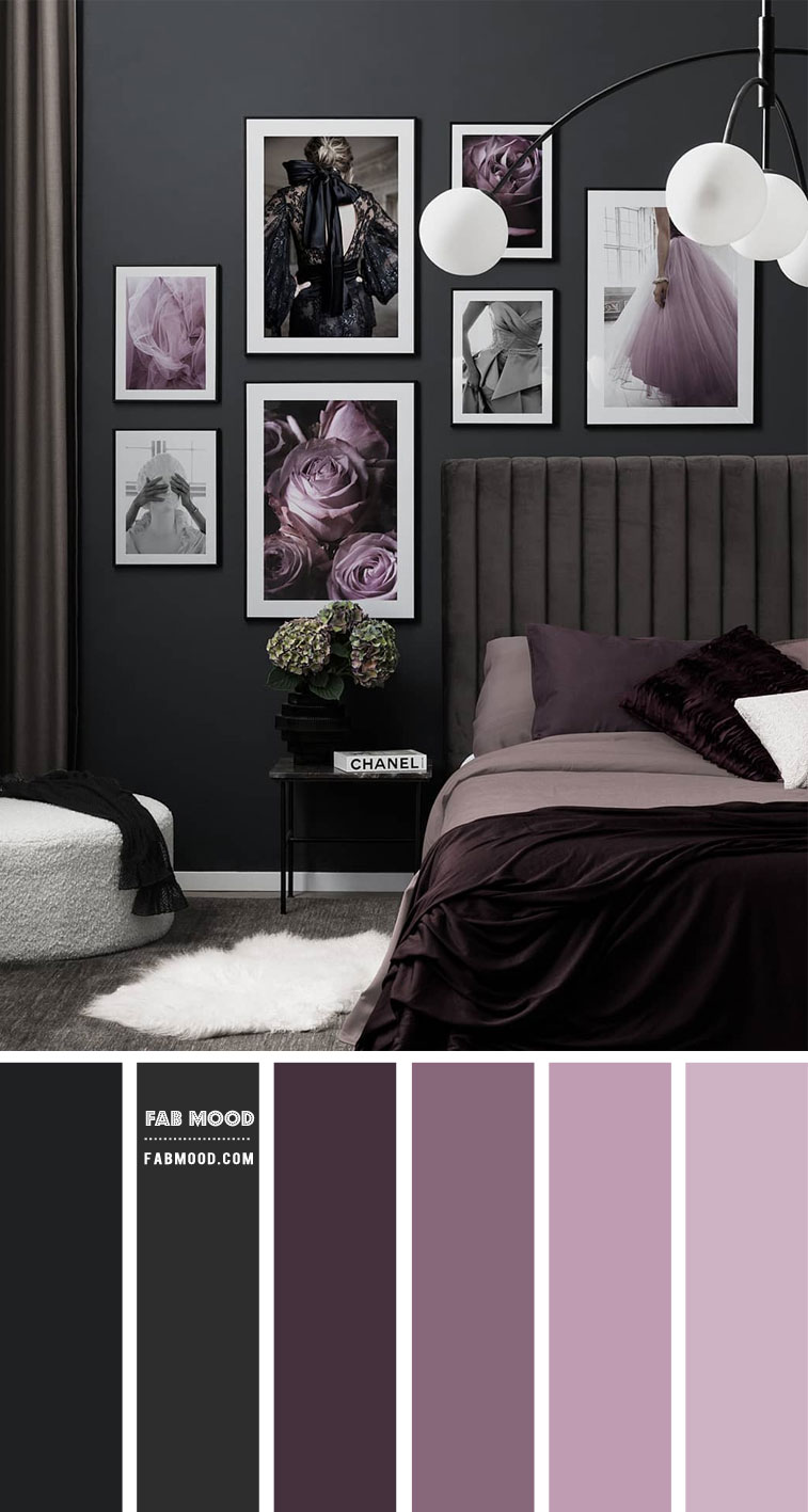 charcoal lilac and plum color scheme for bedroom, charcoal and plum bedroom color palette, charcoal and purple bedroom color combination, charcoal bedroom with purple hues, purple bedroom color combination, charcoal and plum color combo