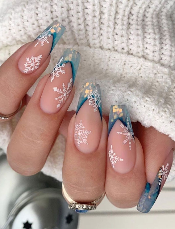 Pretty Festive Nail Colours & Designs 2020 : Nude nails with clear blue tips