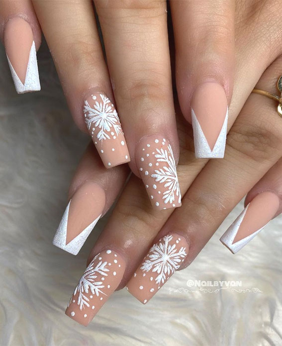 Pretty festive nail colours & designs 2020 : Nude Winter Nails