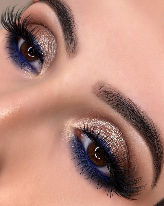shimmery gold and blue eye makeup look, holiday makeup look, holiday eye shadow look, eye makeup look for holiday, eye makeup look for christmas #eyemakeup