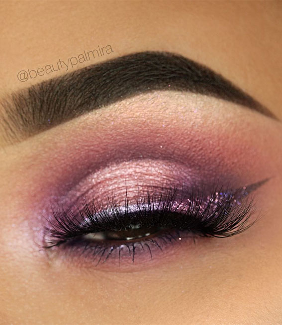 65 Pretty Eye Makeup Looks : smokey pink and glittery purple winged