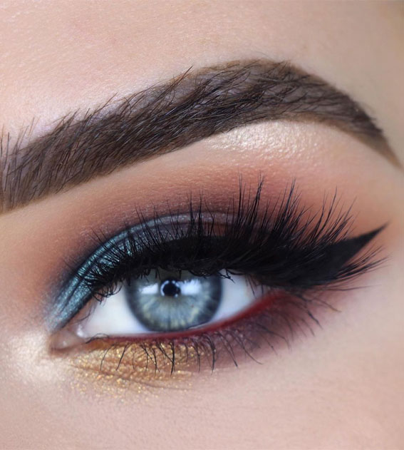 65 Pretty Eye Makeup Looks :  Blue and Gold Makeup Look