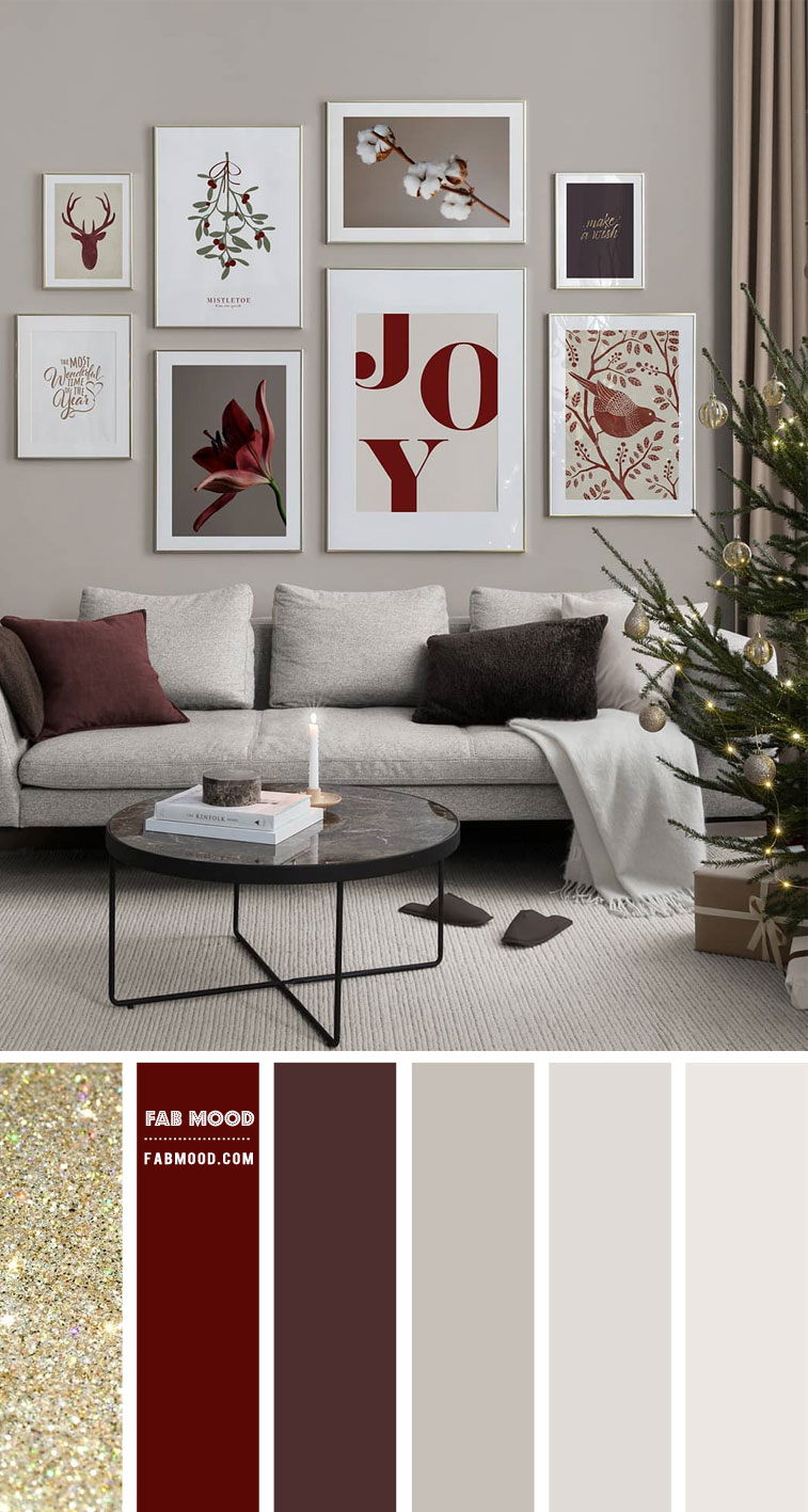 red and glitter living room decor, neutral living room, festive living room color scheme, christmas home color combo, red festive color combo, berry and grey color combo, color hex, festive color combination #color #festivecolor #colorcombo