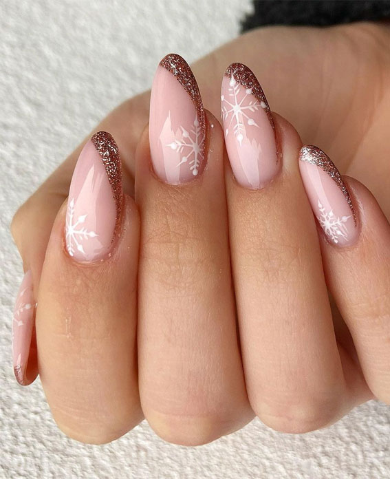 Pretty Festive Nail Colours & Designs 2020 : Snowflake on pink nails & Glitter tips