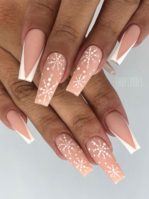 Pretty Festive Nail Colours & Designs 2020 : Nude Winter Nails With White Tips