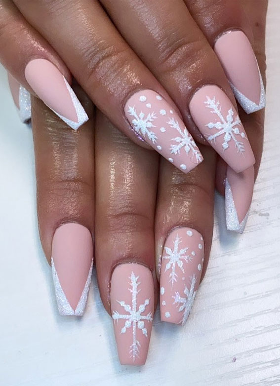 Pretty Festive Nail Colours & Designs 2020 : Snowflake on pink Christmas nails