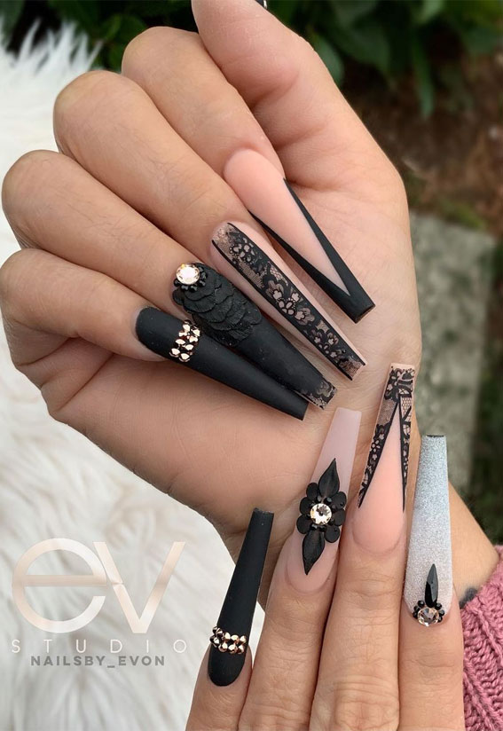 acrylic nails, coffin nails, nude and black coffin nails, different nail design each finger #nailtrends2021 nail ideas 2021, nail trends 2021