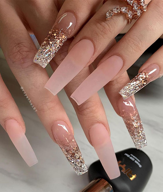 Stylish Nail Art Designs That Pretty From Every Angle : Nude Pink & Ombre  Glitter Nails
