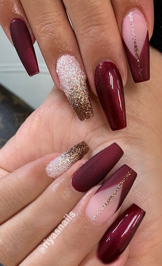 burgundy and glitter nails, winter nails, dark nails, glitter nail ideas