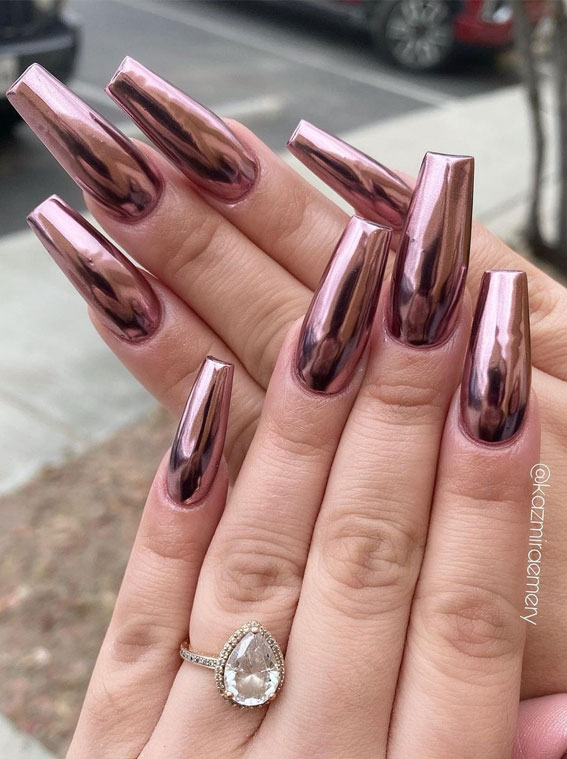 chrome nails, chrome nail art design, chrome coffin nails, rose gold chrome nails