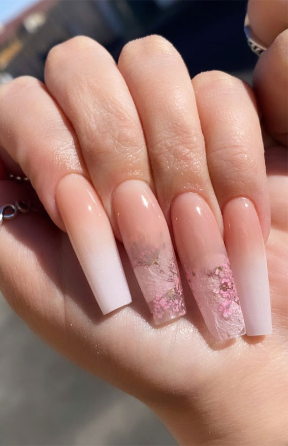 flower pressed nails, coffin nails, flower pressed coffin nails, nail art designs, ombre pink nails