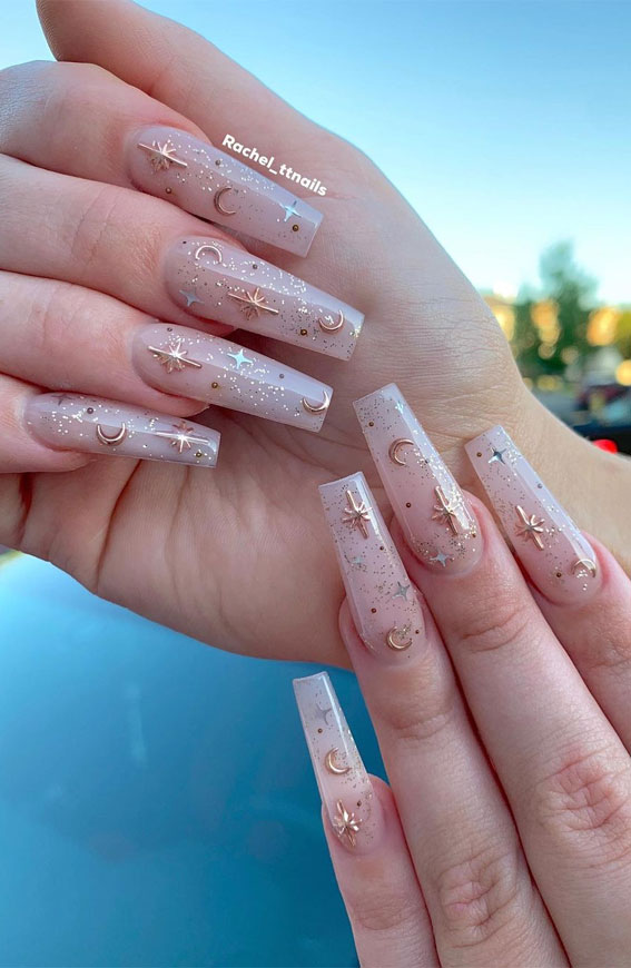 Stylish Nail Art Designs That Pretty From Every Angle : Rose Gold Moon & Star  Nails