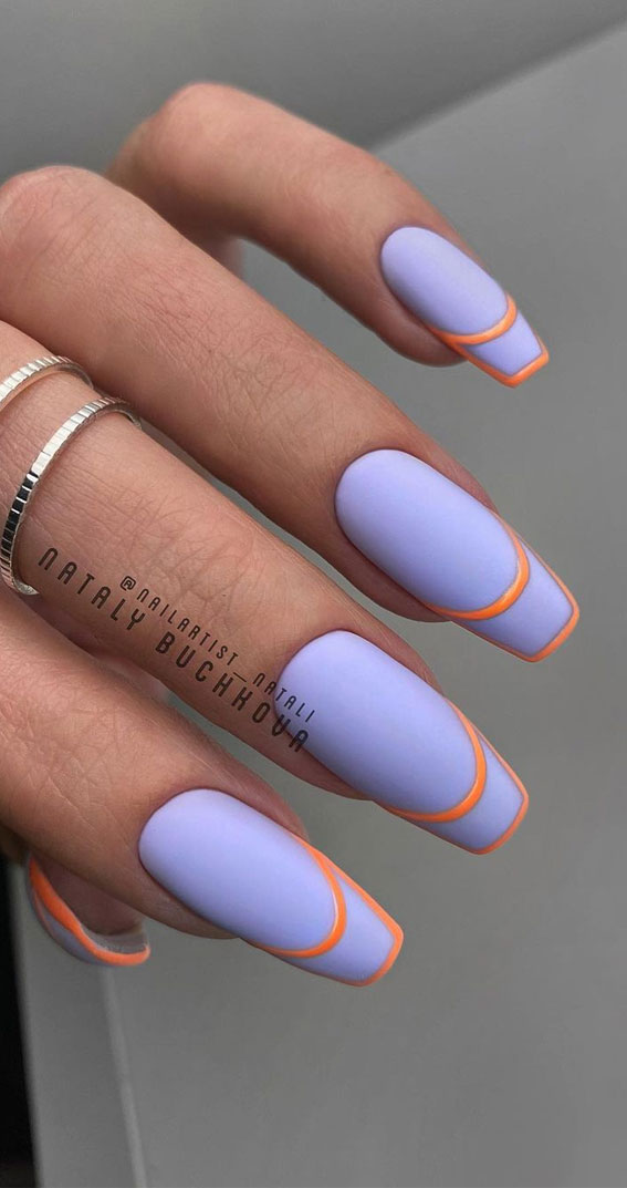 matte lavender and orange nails, two tone nails, two tone nails design, nail trends 2021, nail art designs 2021