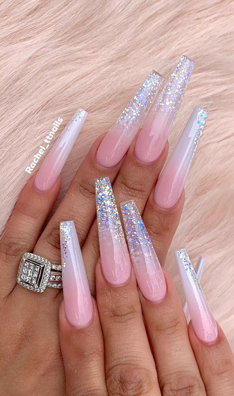 ombre pink and glitter nails, coffin nails , pink glitter coffin nails, wedding nails, bridal nails , acrylic nails, ombre nail ideas