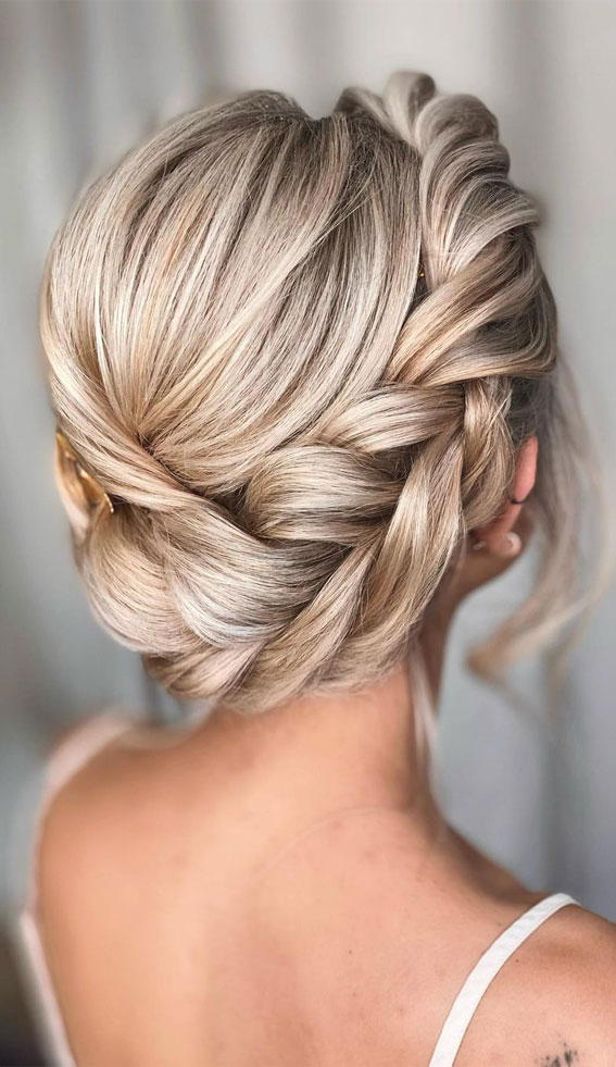 54 Cute Updo Hairstyles That Are Trendy for 2021 : Halo Chunky Braid Updo