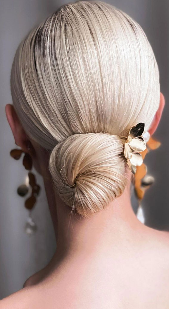 54 Cute Updo Hairstyles That Are Trendy for 2021 : Sleek Low Bun