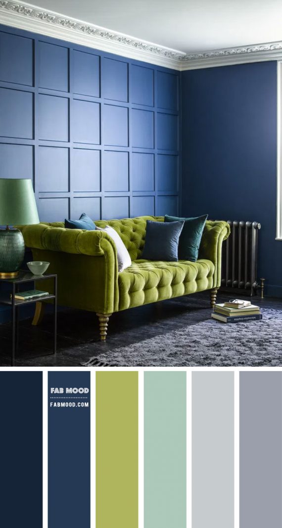 Chartreuse and Navy Blue Living Room | dark living room colors, Fabmood