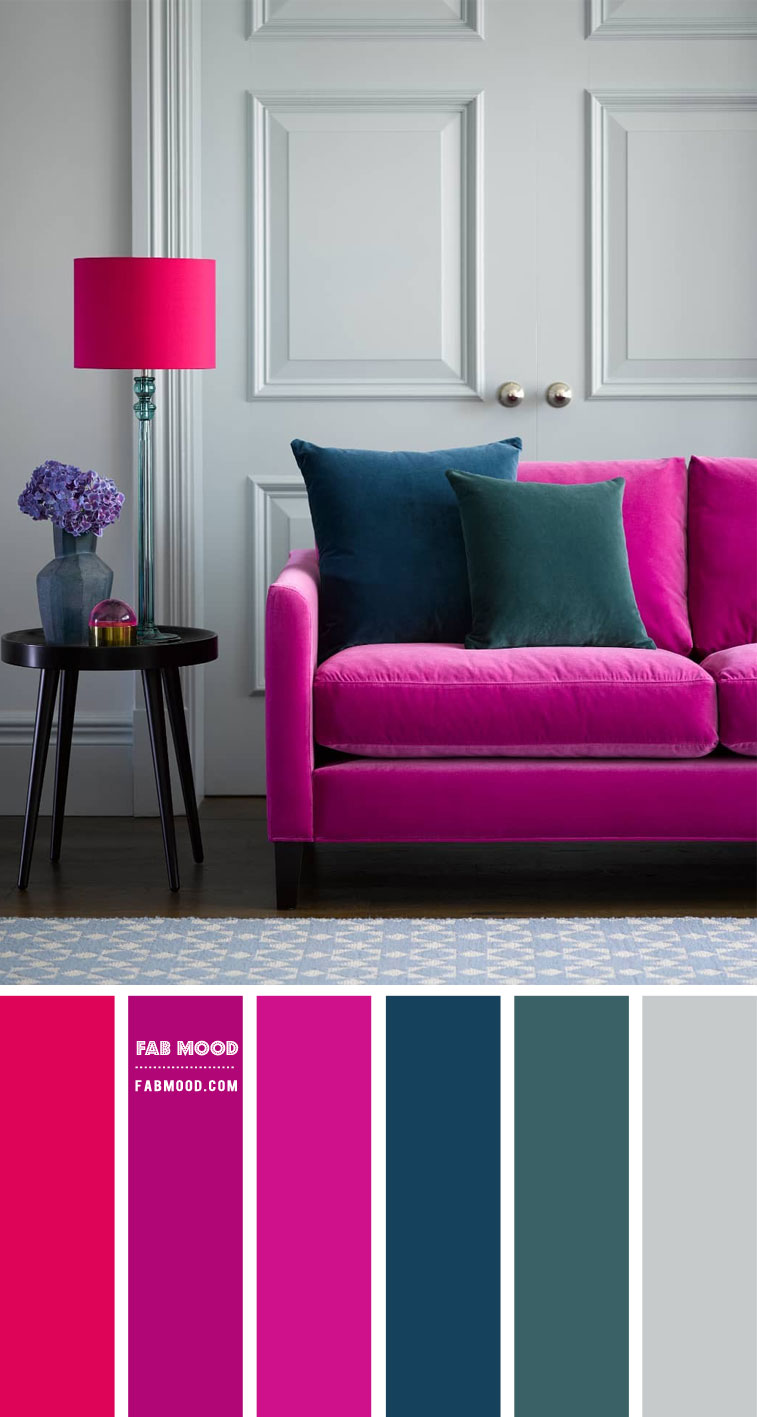 grey wall with pops of magenta, grey and magenta color scheme, grey and magenta color combos, grey walls living room