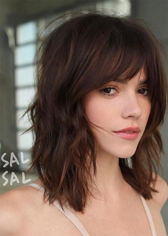 21 Cute Lob With Bangs To Copy in 2021 : Dark chocolate lob with bangs